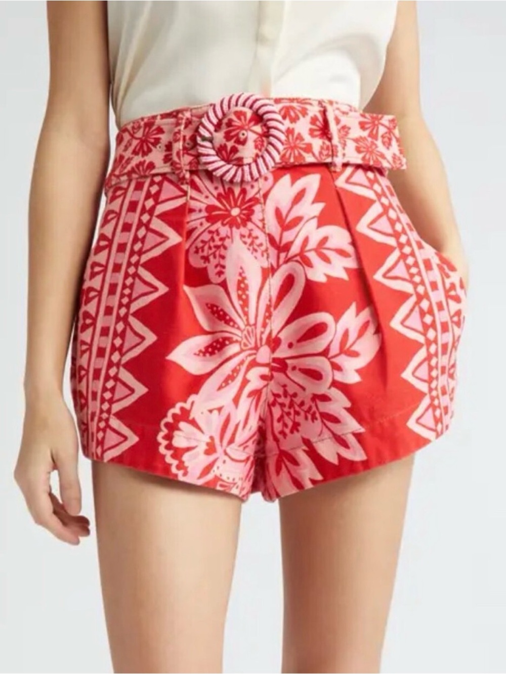 FARM Rio Red and Pink High-Waist Floral Belted Shorts